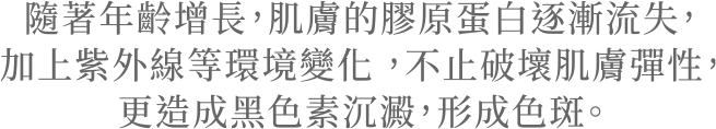 CANADEL 多合一藥用精華霜 | 隨著年齡增長, 肌膚膠原蛋白逐漸流失, 加上紫外線等環境變化, 不止破壞肌膚彈性, 更造成黑色素沉澱, 形成色斑。 